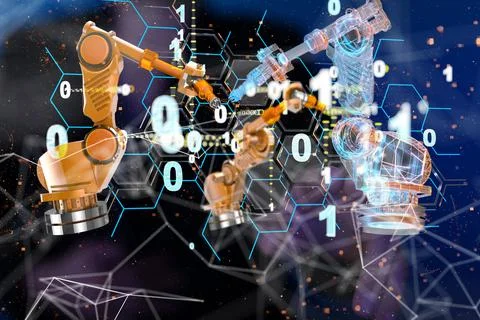 3d holographic robot arms hovering in the air with binary numbers. Robotics. Stock Illustration