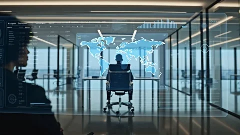 3D holographic screen displays floating data graphs in a modern office Stock Footage 311536647