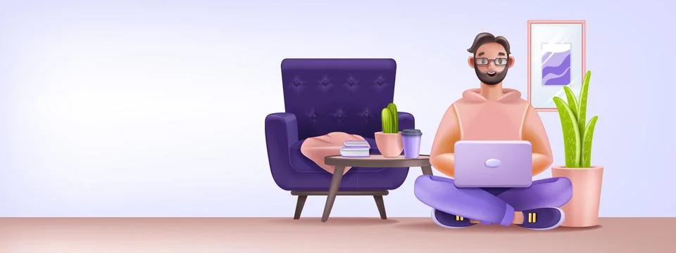 3D home office background, vector cartoon remote freelancer concept Stock Illustration