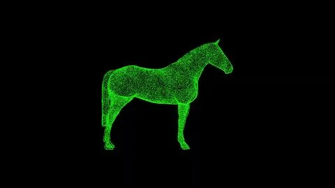 3D horse on black bg. Object dissolved green flickering particles. Business.. Illustrazione stock