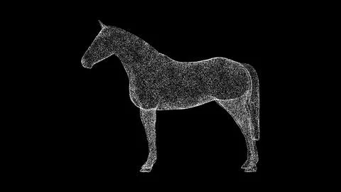 3D horse on black bg. Object dissolved white flickering particles. Business a Ilustração Stock
