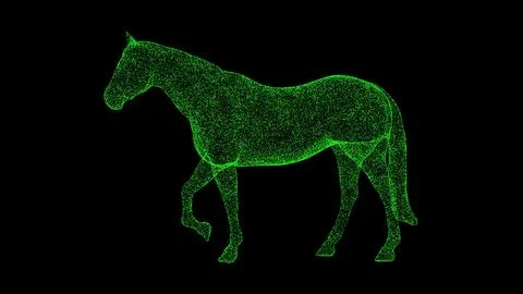 3D horse on black bg. Object dissolved green flickering particles. Business.. Illustrazione stock