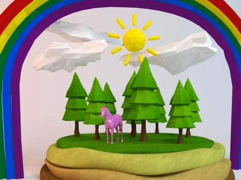 3d horse inside a low-poly green scene with sun, trees, clouds and a rainbow Stock Illustration
