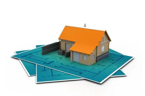 3d house and blueprints. Ilustración de archivo