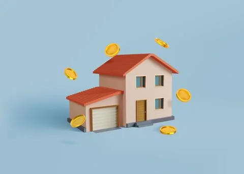 3D house. Home render model. Falling gold coins. Buy property or finance in.. Illustrazione stock