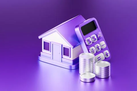 3D house model with calculator and coins for finance concept Stock Illustration
