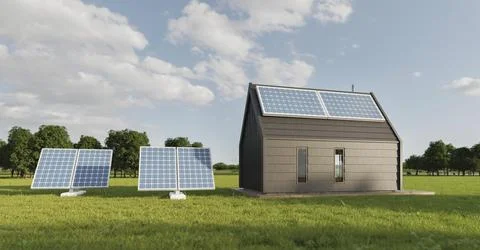 3d house with solar pannels Stock Photos