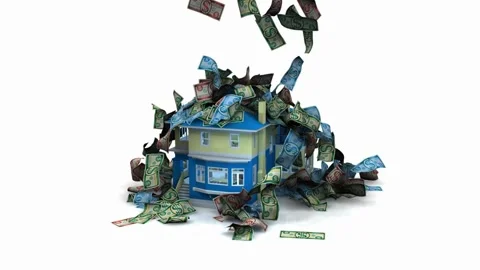 3D House Surrounded by Falling Money Bills Stock Footage 304751590