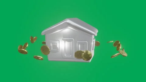 3D House Surrounded by Floating Gold Coins Moving on Green Screen Background Stock Footage 337955619