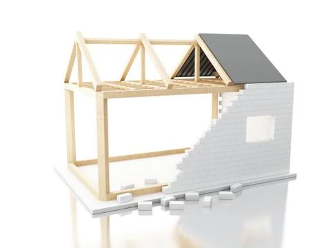 3d House under construction with builders 库存插图