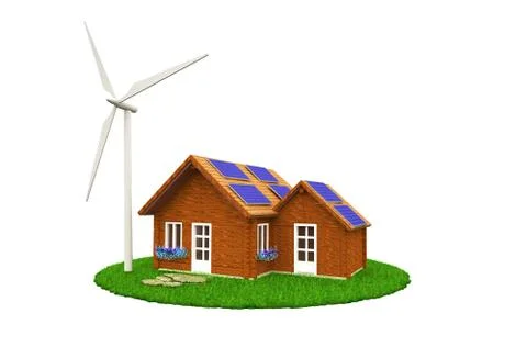 3D house  with wind mill and solar panel 스톡 일러스트