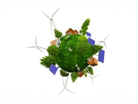 3D house  with wind mill and solar panel 스톡 일러스트