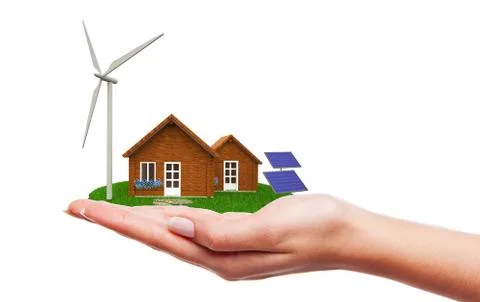 3D house  with wind mill and solar panel 스톡 일러스트