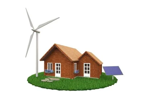 3D house  with wind mill and solar panel Stock Illustration