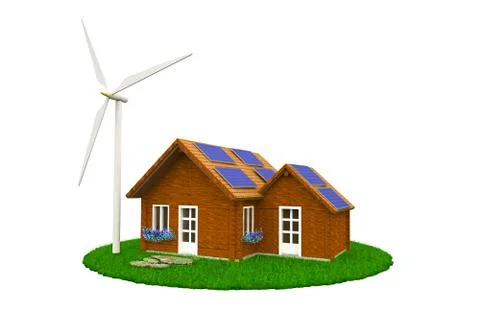 3D house  with wind mill and solar panel 스톡 일러스트