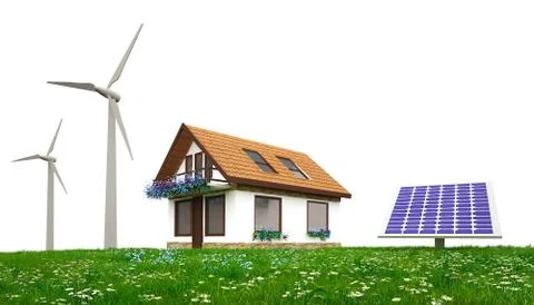 3D house  with wind mill and solar panel 스톡 일러스트
