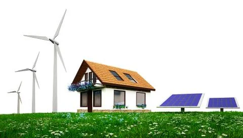 3D house  with wind mill and solar panel 스톡 일러스트