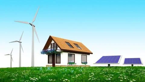3D house  with wind mill and solar panel 스톡 일러스트