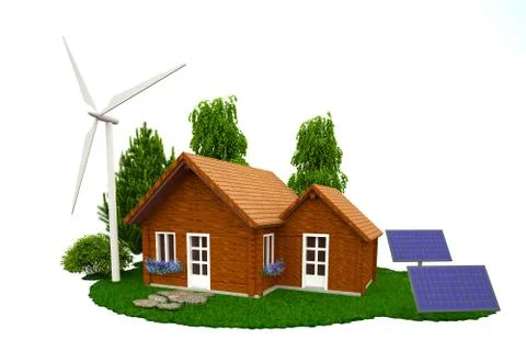 3D house  with wind mill and solar panel 스톡 일러스트
