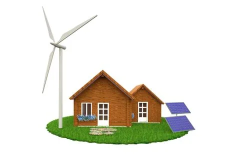 3D house  with wind mill and solar panel 스톡 일러스트
