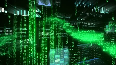 3D HUD data forming as right particle wave initiating cascading green digits, Stock Footage 335317449
