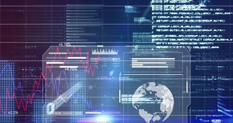 3D HUD sliding in as central glow pulsing triggers charts updating and beam Stock Footage 328584401