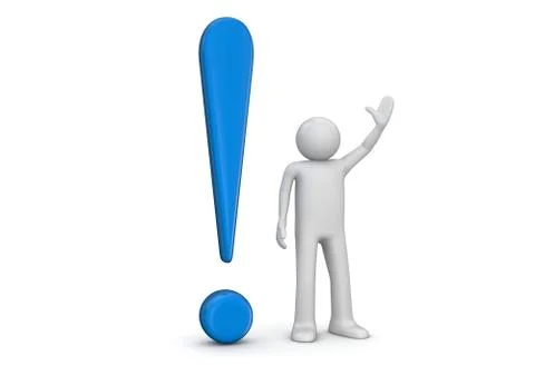 3d human and blue exclamation mark (3d isolated characters, business series) Stock-Illustration
