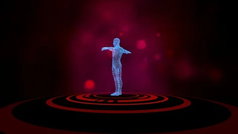 3D human avatar turning on virtual projection of red hud scape over black Stock Footage 127981572