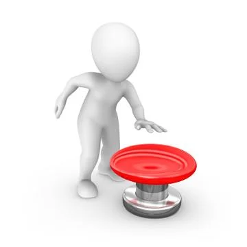 3d human with the big red button isolated on white background Stock Illustration