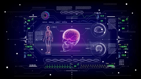 3D human body and brain scan with HUD interface, X-ray anatomy and hologram tech Stock-Footage 314001839