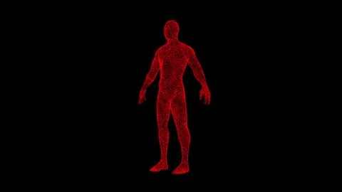 3D human body on black background. Object dissolved red flickering particles. Ilustração Stock