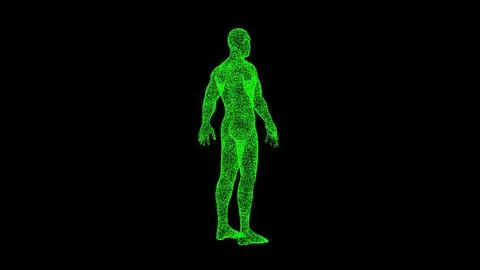 3D human body on black background. Object dissolved green flickering particle Illustrazione stock