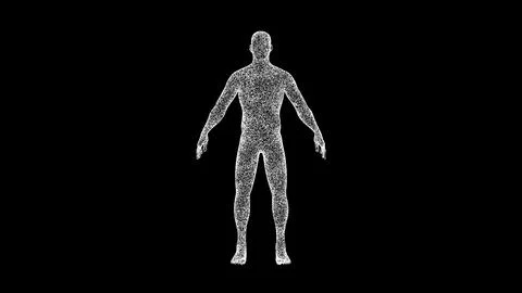 3D human body on black background. Object dissolved white flickering particle Illustrazione stock