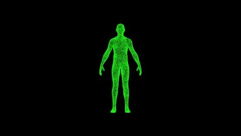 3D human body man on black bg. Object dissolved green flickering particles. B Ilustração Stock