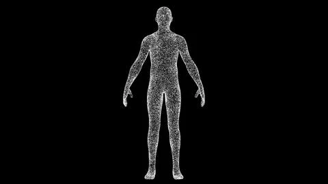 3D human body man on black bg. Object dissolved white flickering particles... Ilustração Stock