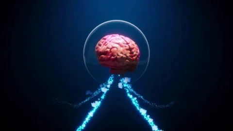 3D human brain inside a digital glass sphere with glowing data particles Video stock 334572656