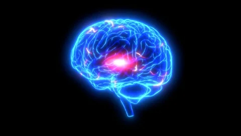 3D human brain lit up with neural sparks firing, glowing blue brain structure 스톡 동영상 347368234