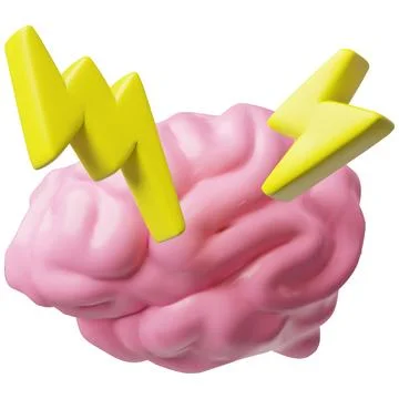 3D human brain, pink with yellow lightning bolts, cartoon style. Stock Illustration