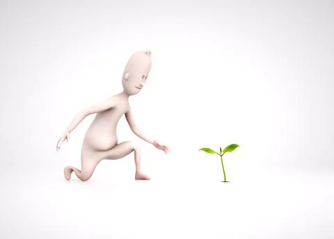 3d Human character and a small plant. Illustrazione stock