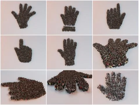 3D human characters forming different hands shapes inside a white stage with  Stock Illustration