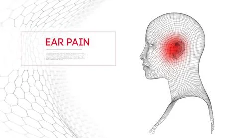 3D Human Face Wireframe with Highlighted Ear Pain Area Stock Illustration