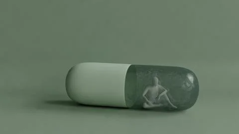 3D human figure inside a transparent capsule pill, dependence or confinement Stock Illustration