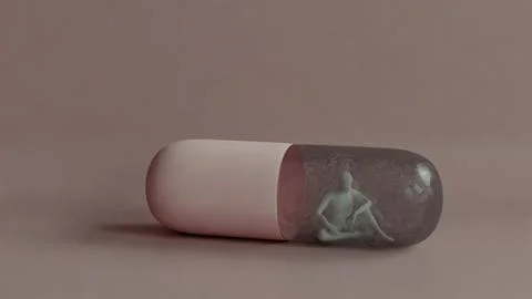 3D human figure inside a transparent capsule pill, dependence or confinement Stock Illustration