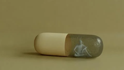 3D human figure inside a transparent capsule pill, dependence or confinement Stock Illustration