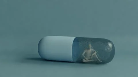 3D human figure inside a transparent capsule pill, dependence or confinement Stock Illustration