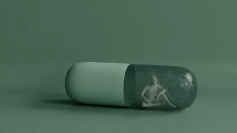 3D human figure inside a transparent capsule pill, dependence or confinement Stock Illustration