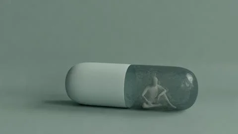 3D human figure inside a transparent capsule pill, dependence or confinement Stock Illustration