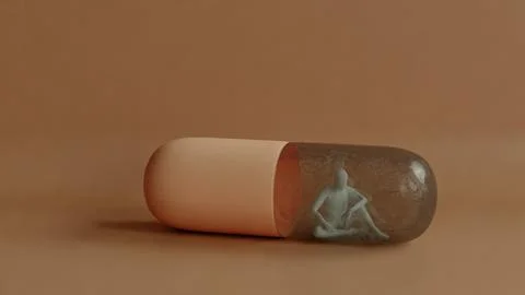3D human figure inside a transparent capsule pill, dependence or confinement Stock Illustration