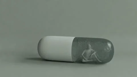 3D human figure inside a transparent capsule pill, dependence or confinement Stock Illustration
