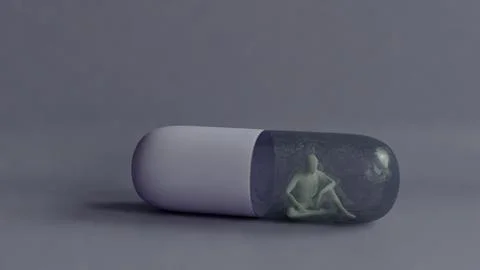 3D human figure inside a transparent capsule pill, dependence or confinement Illustrazione stock